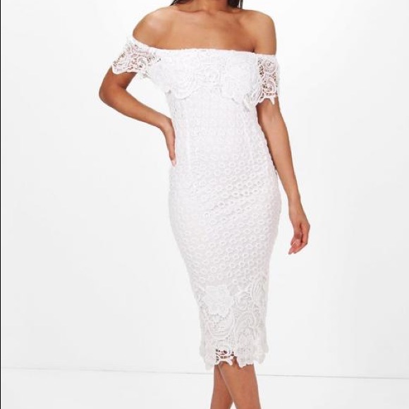 boutique lace off shoulder midi dress